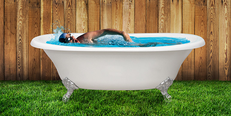man swimming in a bathtub in the yard - does your pool feel like bathwater?