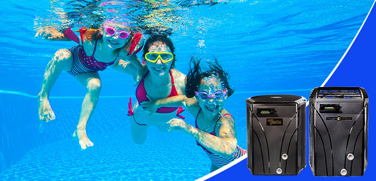 mother and daughters swimming underwater in pool heated with AquaCal Heat Pumps