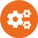cogwheels icon in an orange circle